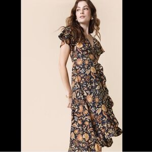 Francesca's Collections Black and Gold Floral Midi Dress